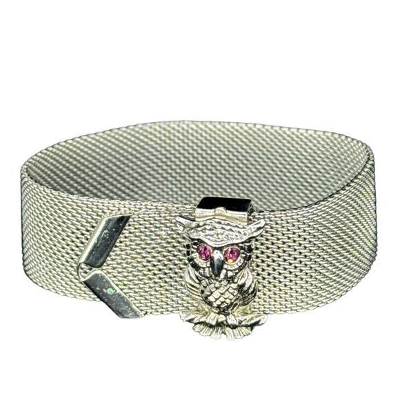 Vintage SARAH COVENTRY Owl Rhinestone Silver Tone Mesh  Slide Bracelet - Picture 3 of 10